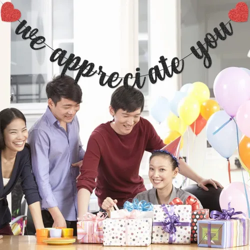Miniatura 2 de Cartel con texto en inglés "We Appreciate You" con purpurina negra de agradecimiento a los empleados, maestros, doctores, enfermeras, personal, Negro