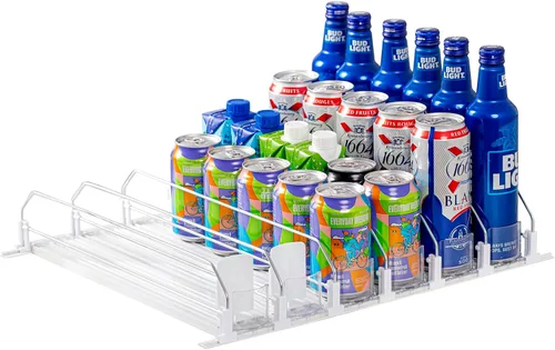 Miniatura 8 de Rula Organizador de bebidas para refrigerador, ancho ajustable, empujador de botellas de agua, dispensador de latas de soda autoempujable