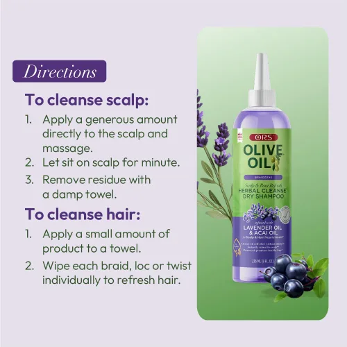 Miniatura 10 de ORS Aceite de oliva Braidzone Herbal Cleanse Dry Shampoo con lavanda y aceite de acai para nutrición, 8 onzas