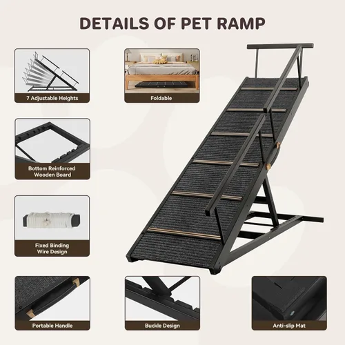Miniatura 4 de Rampa para Mascotas Plegable Portátil de Madera para Perros y Gatos para Sofá o Cama, Incluye Alfombrilla Antideslizante y Rieles Laterales