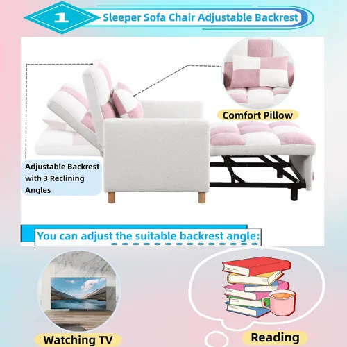 Miniatura 5 de Linique Sofá cama convertible, silla ajustable con almohada, silla multifuncional con tela de peluche suave para sala de estar, dormitorio