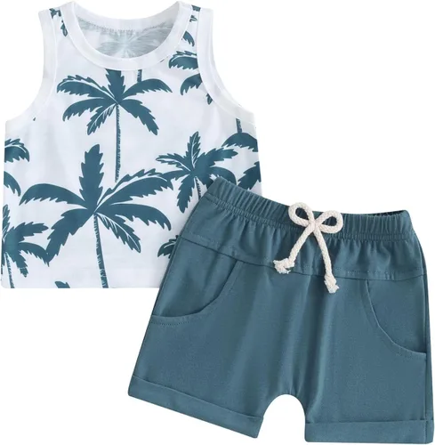 BOIZONTY Conjunto de 2 piezas de ropa de verano para bebé, camiseta sin mangas, camiseta y pantalones cortos de palma