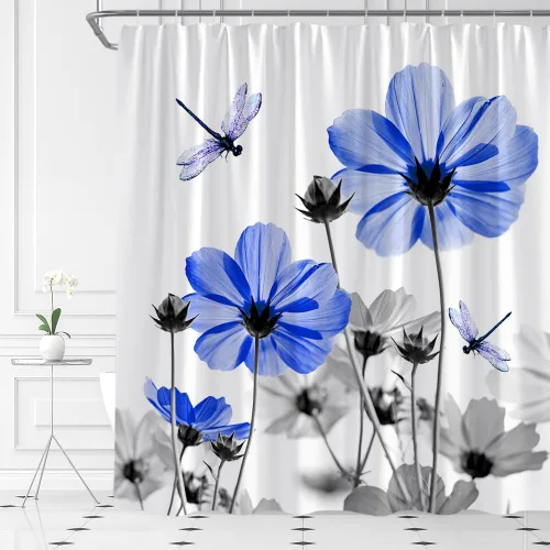 Miniatura 2 de Cortina de ducha floral azul y gris, planta rústica, retro, margarita, abstracta, elegante, natrue de tela con ganchos