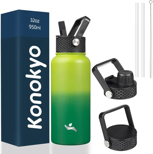 Miniatura 53 de Konokyo - Botella de agua aislada de 18 onzas, botellas deportivas de acero inoxidable con 3 tapas, verde militar