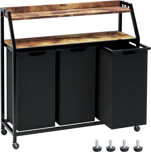 Timberer Cesta de lavandería, clasificador de ropa de 3 secciones, cesta de lavandería rodante con ruedas, 2 estantes, 3 × 54.5 L, bolsas extraíbles