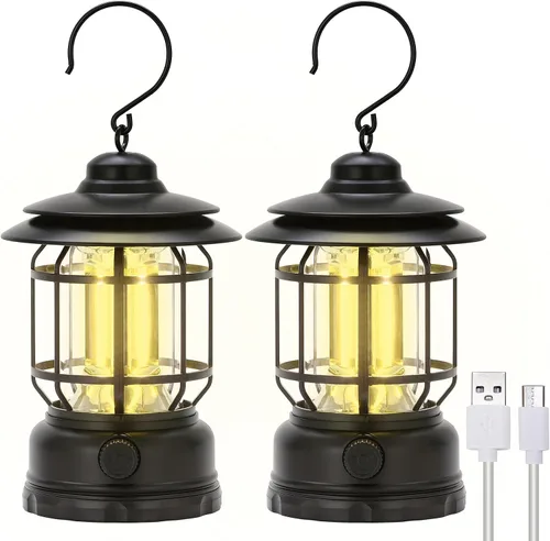 Faroles LED para campamento, estilo vintage, color negro, paquete de 2 | Recargable, portátil, atenuación continua, impermeable IP44, luz colgante
