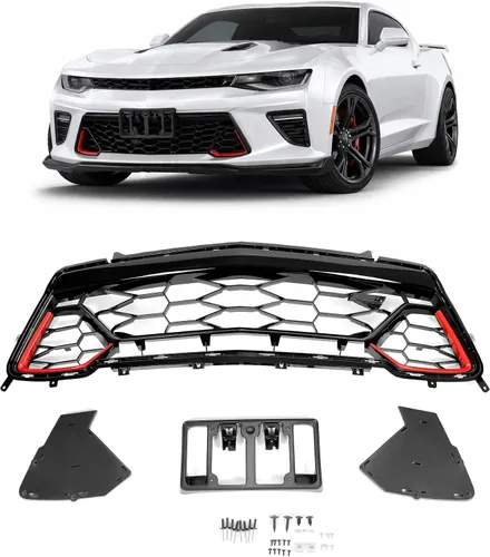 KUAFU Parrilla inferior y marco para matrícula compatible con Chevy Chevrolet Camaro SS 2016-2018 Reemplazo para 84040593 Plástico pintado negro y