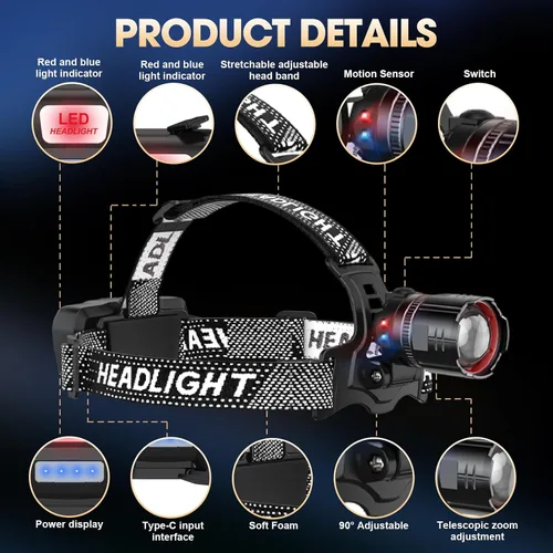 Miniatura 8 de ATDOALL Linterna frontal LED superbrillante, lámpara de cabeza recargable de alto lúmenes con sensor de movimiento, 5 modos, IPX5 impermeable, 90°
