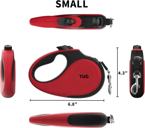 Miniatura 2 de TUG - Correa retráctil 360º para perros, libre de enredos, mango antideslizante, nailon resistente de 16 pies, freno de una sola mano, pausa y Rojo