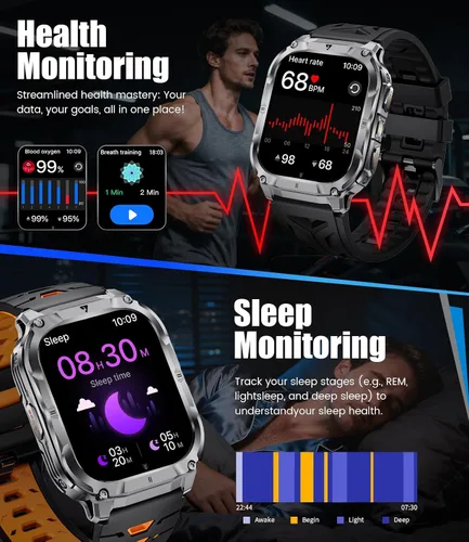 Miniatura 7 de Reloj inteligente militar 2.0" para hombre con linterna, hacer/responder llamadas, 1000 mAh, IP68 impermeable, más de 100 modos deportivos