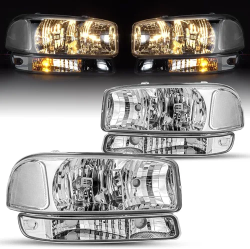 JSBOYAT 4 PCS Compatible con 99-06 GMC Sierra 1500 2500 3500 Conjunto de Faros Delanteros de Reemplazo con Bombillas 00-06 GMC Yukon/Yukon XL
