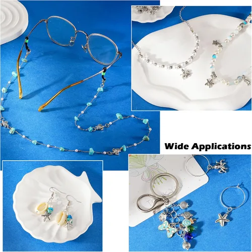 Miniatura 6 de 100 cuentas espaciadoras de plata antigua, cuentas de metal, animales del océano, tortugas marinas, estrellas de mar, peces pequeños, para verano