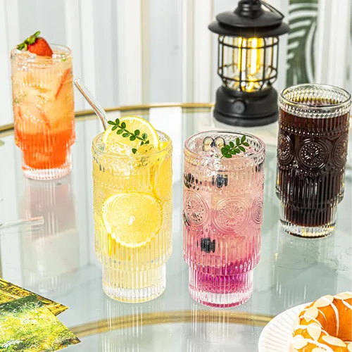 Miniatura 3 de SoulTimes Juego de 4 vasos grandes acanalados de 16 onzas, diseño floral, apilables, vasos de vidrio con textura vintage, juego de vasos para beber