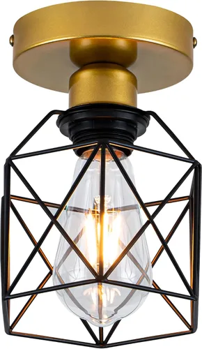 Miniatura 10 de Modern Geometric Ceiling Light, Black Metal Diamond Cage Design, Semi-Flush Mount, Industrial Style, E26, Matte Black with Gold Inside