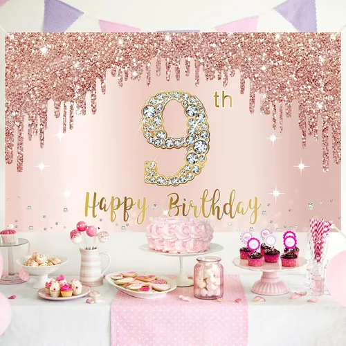 Miniatura 4 de Cartel de feliz 9º cumpleaños para niñas, suministros de fiesta de noveno año de oro rosa, cartel rosa de 9 años, decoración de cabina de fotos