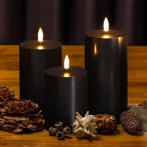 Miniatura 7 de Velas de pilar sin llama negras con control remoto, velas LED parpadeantes de cera que funcionan con pilas, juego de 3 Negro