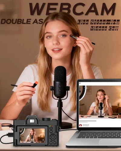 Miniatura 5 de Cámara digital 5K para fotografía con WiFi 48MP cámara de vlogging para principiantes con pantalla abatible, gran angular y lente macro, micrófono