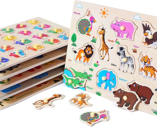 Miniatura 6 de GRINNNIE Rompecabezas de Clavijas de Madera para Niños Pequeños, Paquete de 6 Rompecabezas para Niños de 3 4 5 Años