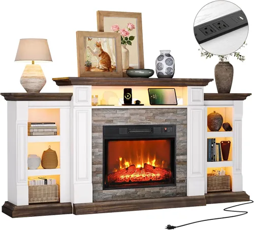 Miniatura 15 de Chimenea eléctrica de 72 pulgadas con chimenea, soporte de TV para televisores de hasta 80 pulgadas, centro de entretenimiento de granja con Blanco