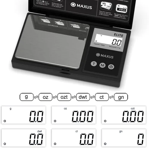 Miniatura 6 de MAXUS - Báscula digital de gramos 1000 g/0.1 g, báscula pequeña de alimentos con LCD retroiluminada, mini báscula de bolsillo para joyería Negro mate