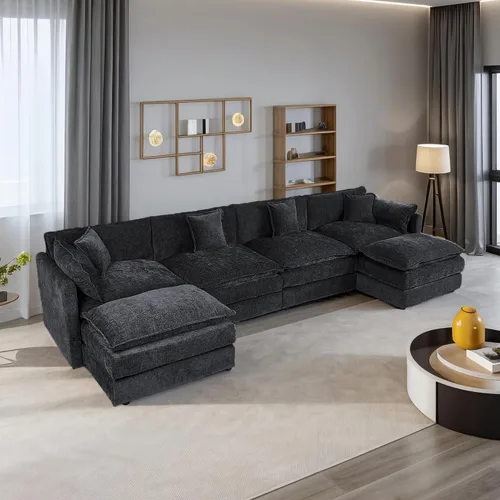 Miniatura 17 de Setawix Sofá Profundo de 3 Plazas con Otomana, Sofás de Nube en Forma de L de 112.2" para Sala de Estar, Sofá de Nube de Chenilla con Asiento Café