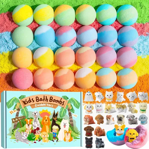 Paquete de 24 bombas de baño para cachorros para niños, cada una con figura sorpresa de perro en el interior, 15 aromas, bombas de baño con