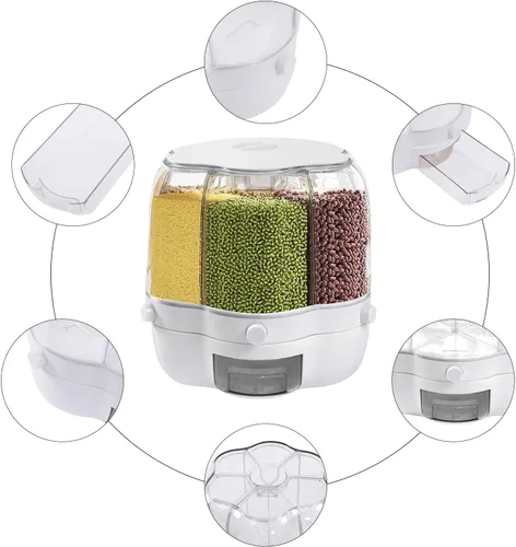 Miniatura 4 de Dispensador de arroz giratorio de 6 rejillas, contenedor de almacenamiento de granos giratorio de 360°, cubo de almacenamiento de granos de azúcar