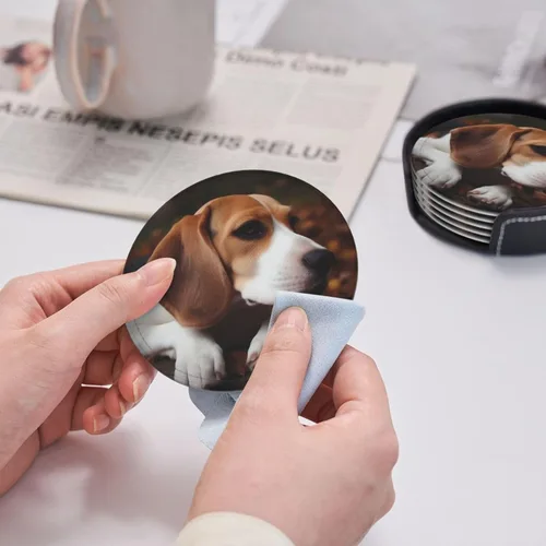 Miniatura 5 de Juego de 6 posavasos redondos de Beagle con soporte para bebidas, protector de mesa, almohadilla para el hogar y la cocina, juego de posavasos