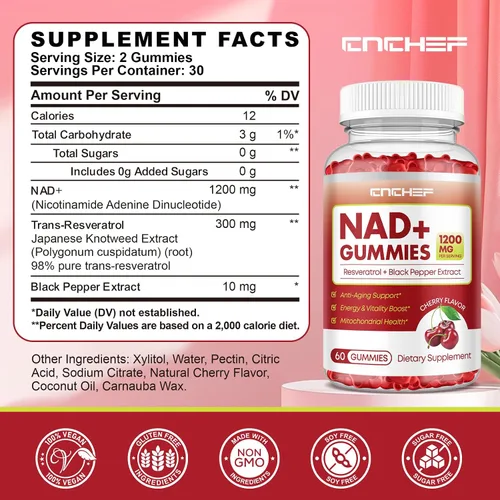 Miniatura 4 de Gomitas NAD+, suplemento liposomal NAD de 1200 mg para mujeres y hombres con trans-resveratrol y extracto de pimienta negra, suplemento