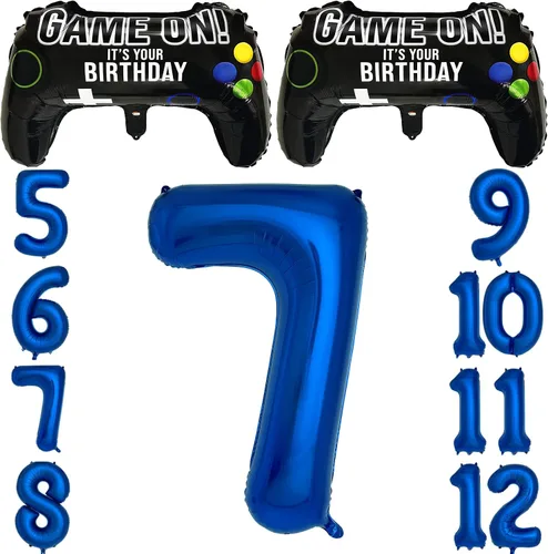 Miniatura 10 de Suministros de fiesta de videojuegos azul marino para decoración de fiesta de 5º cumpleaños para niños, 2 paquetes de globos de juego con globo azul