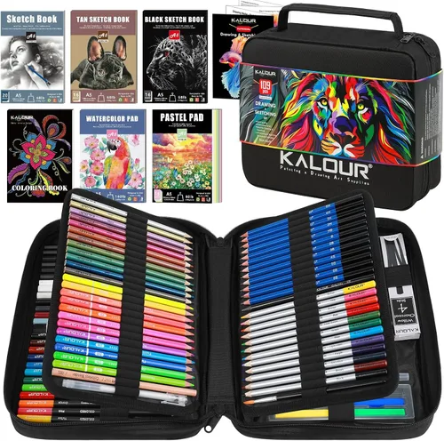 109 Juego de dibujo y kit de bocetos Pro Art Supplies con lápices fluorescentes, de colores, acuarela, metálicos, grafito, carbón, 5 cuadernos de