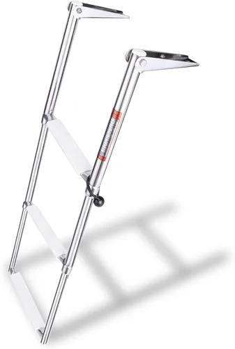 Miniatura 10 de YOUNG MARINE Escalera telescópica y plegable de acero inoxidable de 4 escalones con estribo de plástico blanco, montaje sobre plataforma