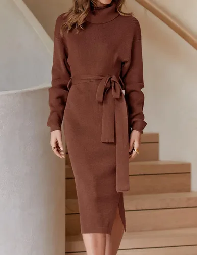 Miniatura 82 de ZESICA - Vestido por debajo de la rodilla de suéter, de cuello alto, para mujer, de manga larga, de punto acanalado, con abertura y cinturón