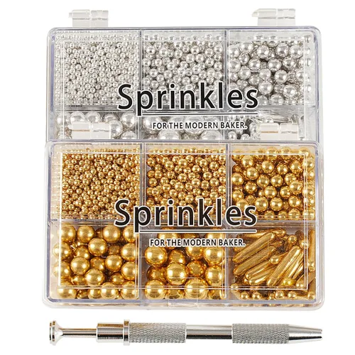 Kasvan Gránulos de azúcar dorados y plateados, perlas de caramelo comestibles con bolígrafo espolvoreador de 4 garras, 8.32 onzas, paquete de caja