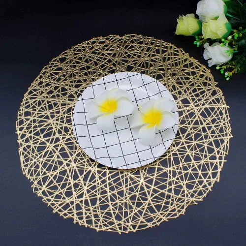 Miniatura 5 de Manteles individuales redondos dorados para mesa de comedor, juego de 6 manteles individuales metálicos con líneas huecas circulares de vinilo