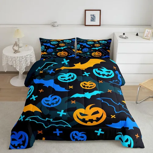 Miniatura 22 de Erosebridal Juego de ropa de cama de murciélago de Halloween, tamaño individual, juego de edredón de estrellas con purpurina y galaxia para niños