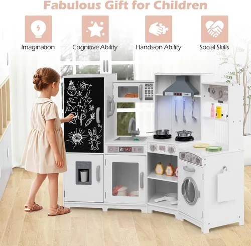 Miniatura 8 de Costzon Cocina de Jugar de Rincón con Luces, Sonidos, Gran Juego de Cocina de Pretensión con Pizarra, Microondas, Accesorios de Cocina, Juguete