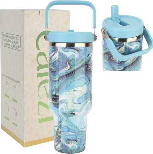 Miniatura 36 de Vaso de 30 onzas con tapa y pajita, vasos de acero inoxidable con aislamiento al vacío con pajita plegable y asa superior, botella de agua aislada
