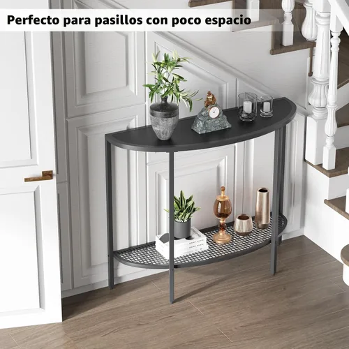 Miniatura 6 de SAYGOER Mesa de consola negra media luna de dos niveles, mesa estrecha para entrada con almacenamiento, mesa moderna para sofá, mesas pequeñas