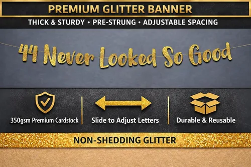 Miniatura 3 de Cartel dorado con purpurina preencordada del número 44 «Never Looked So Good» – Decoraciones de cumpleaños 44 y aniversario para hombres y mujeres
