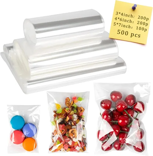 Labeol Bolsas de celofán autosellantes, 500 unidades, transparentes, resellables, 3 tamaños, 3 x 4, 4 x 6, 5 x 7, bolsas de celofán para empaquetar