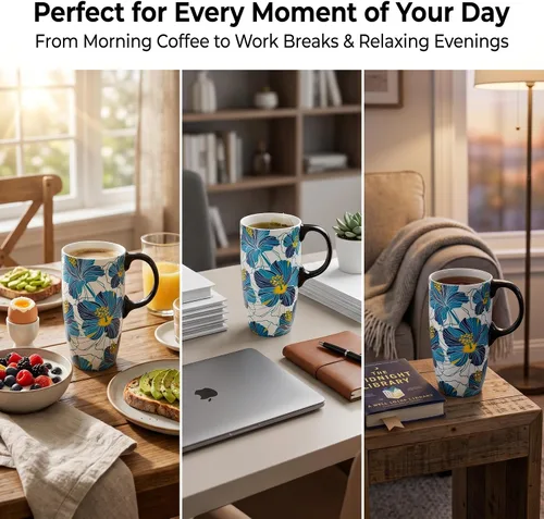 Miniatura 4 de DUSVALLY Taza de Café de Cerámica Taza Alta con Tapa, Taza de Té de Porcelana con Asa para Café con Leche, Capuchino y Cacao, Tazas de Café