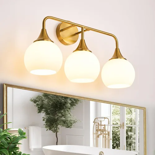 Miniatura 9 de Lámparas doradas de baño con 2 luces de tocador con pantalla de vidrio blanco leche, luces de tocador para baño, aplique de pared moderno para baño