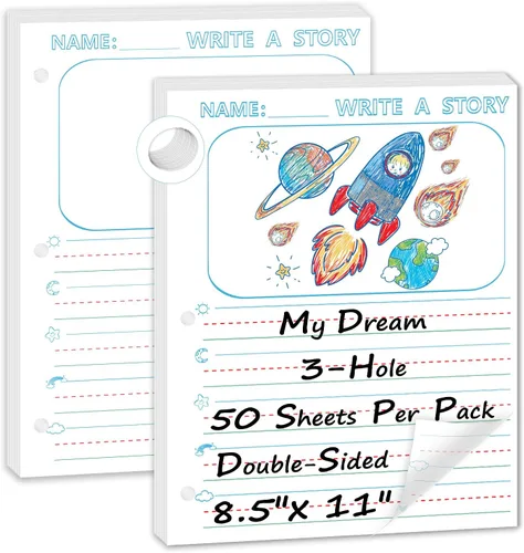 Miniatura 9 de 50 hojas de papel de escritura de historias de 8.5 x 11 pulgadas para niños, papel de dibujo y escritura de hojas sueltas de 3/4 pulgadas de regla