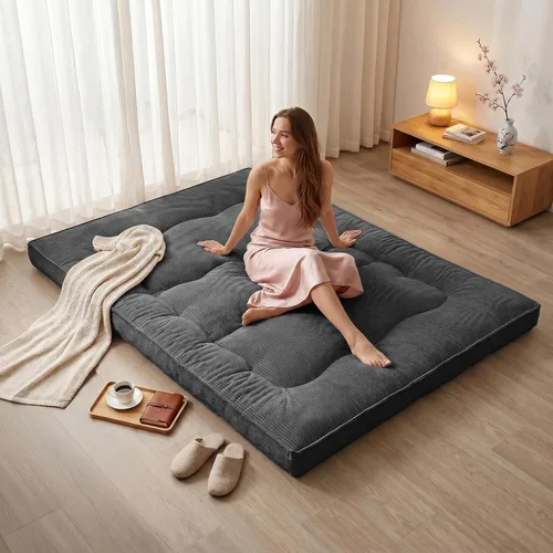 Miniatura 8 de Colchón japonés para suelo, colchón de futón de 4" de grosor tamaño Queen, almohadilla para dormir, almohadilla de suelo plegable de pana, tapete