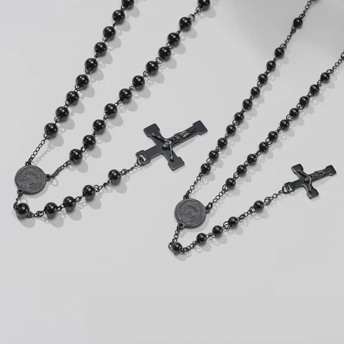 Miniatura 5 de VNOX Collar unisex de acero inoxidable largo con cuentas de rosario de Jesús, cruz católica, crucifijo católico, 36 pulgadas, Edelstahl, Piedra