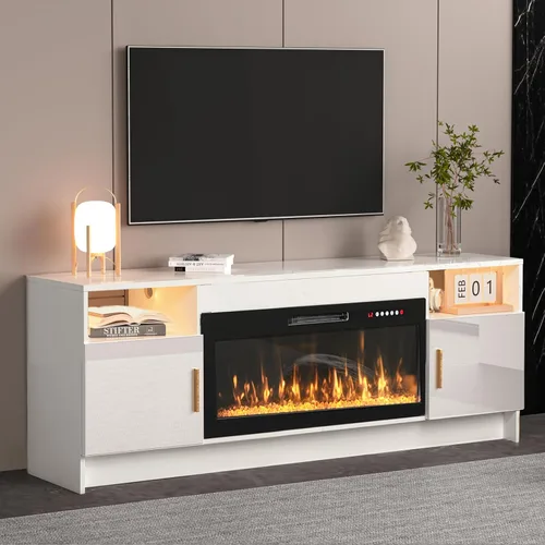 Miniatura 12 de Kucreiheat Soporte de TV negro con chimenea, luces LED, centro de entretenimiento para TV de hasta 80 pulgadas, consola de TV moderna para sala