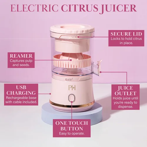 Miniatura 4 de Exprimidor Eléctrico de Cítricos Paris Hilton, Mini Exprimidor Portátil Inalámbrico con Base Recargable USB, Botón de Un Toque, Exprimidor Compacto