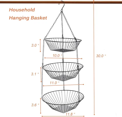 Miniatura 3 de JUNCHU CHERRY Cesta colgante de frutas de 3 niveles, 2 paquetes, almacenamiento para colgar en la pared, cesta de organización de cocina y baño