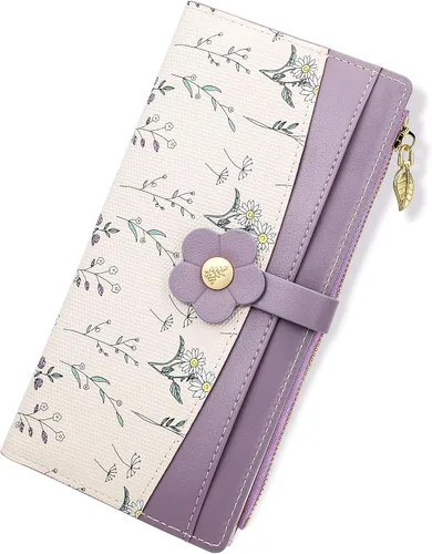 Miniatura 23 de Farcauo Billetera para mujer, billetera delgada para mujer, linda cartera delgada Kawaii con flores para mujer, tarjetero para mujer, Cartera